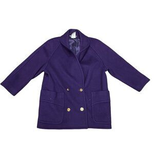 Harvé Benard Womens Purple Wool Double Breasted Coat Size 14 Jacket Gold Buttons